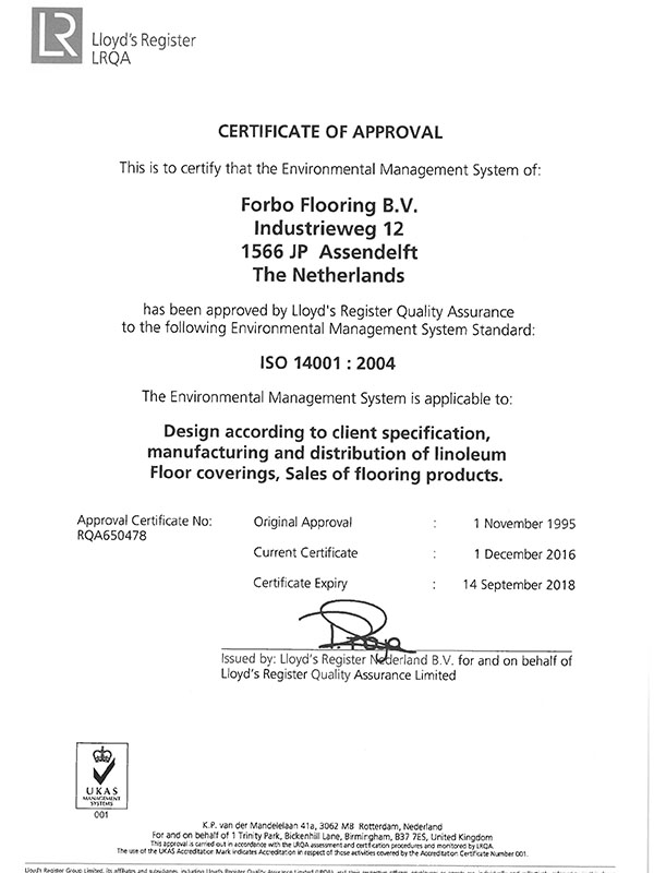 мармолеум сертификат ISO 14001:2004